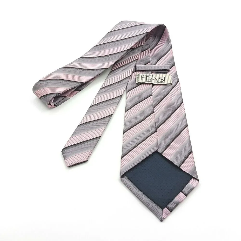 Umberto Frasi Repp Tie Mens XL 66” Gray Mauve Ribbon Stripe Designer Wide New